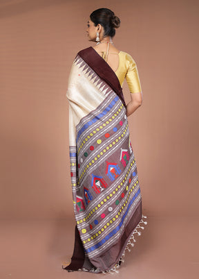 Cream Handloom Tussar Pure Silk Saree With Blouse Piece