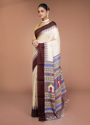 Cream Handloom Tussar Pure Silk Saree With Blouse Piece