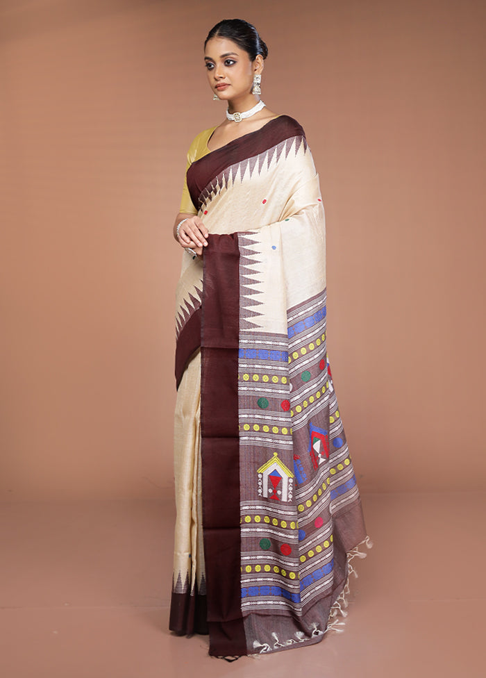 Cream Handloom Tussar Pure Silk Saree With Blouse Piece