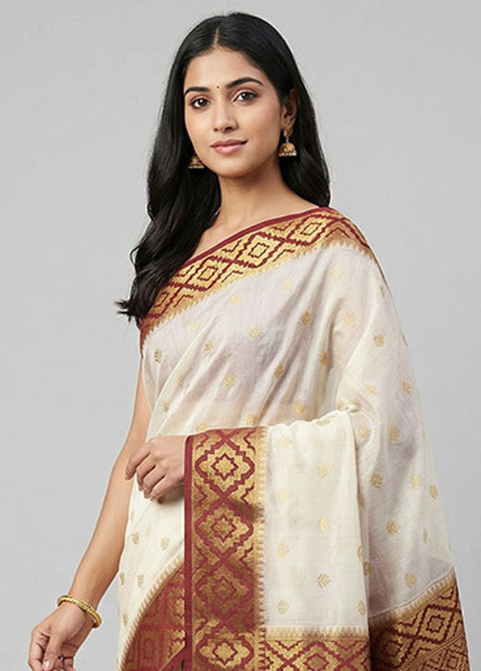 White Dupion Silk Saree With Blouse Piece