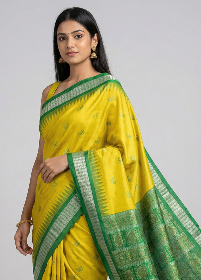 Yellow Handloom Bomkai Pure Silk Saree With Blouse Piece