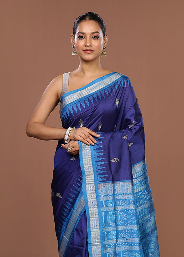 Blue Handloom Bomkai Pure Silk Saree With Blouse Piece