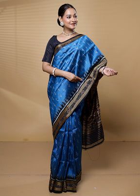 Blue Handloom Ikkat Pure Silk Saree Without Blouse Piece