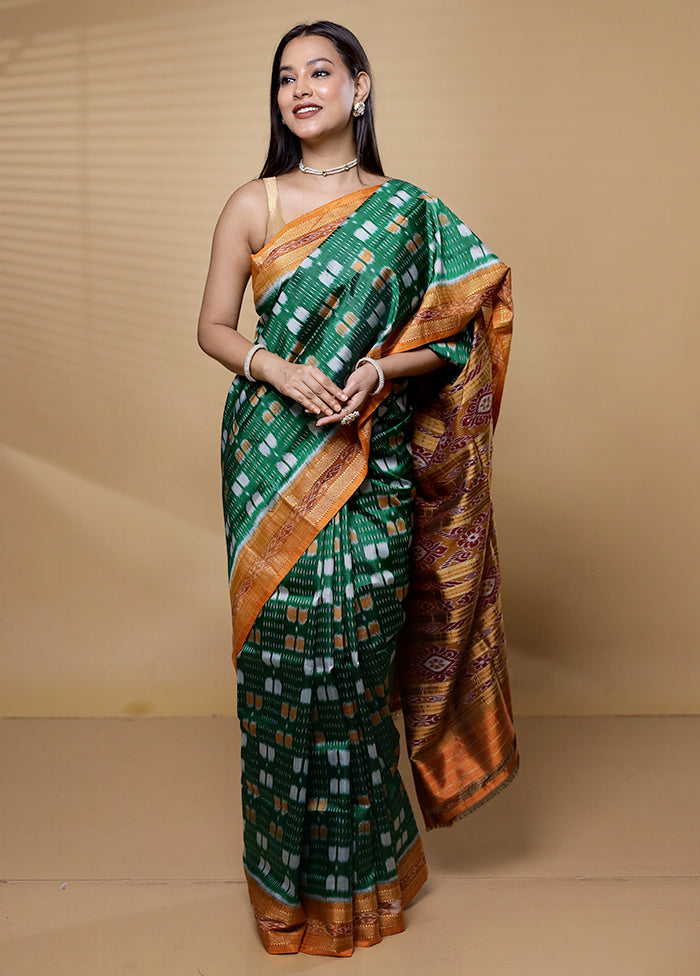 Green Handloom Ikkat Pure Silk Saree Without Blouse Piece