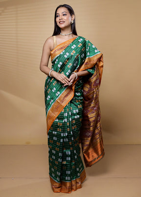Green Handloom Ikkat Pure Silk Saree Without Blouse Piece