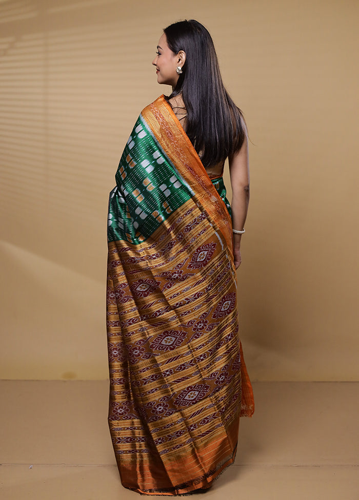 Green Handloom Ikkat Pure Silk Saree Without Blouse Piece