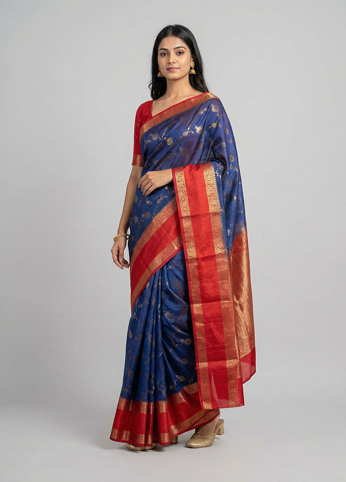 Blue Handloom Dupion Pure Silk Saree With Blouse Piece