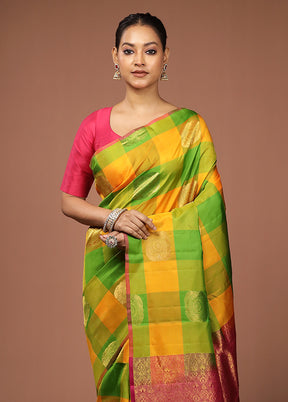 Yellow Handloom Kanjivaram Pure Silk Saree With Blouse Piece