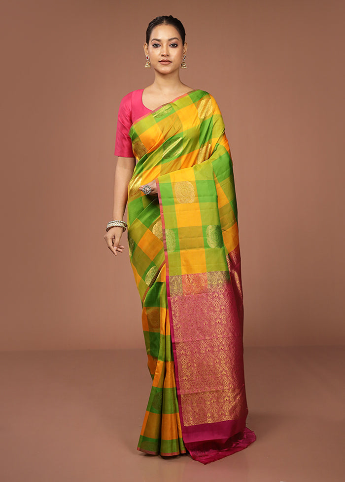 Yellow Handloom Kanjivaram Pure Silk Saree With Blouse Piece