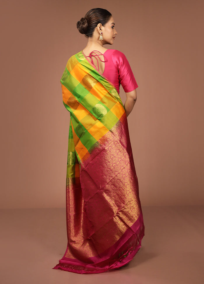 Yellow Handloom Kanjivaram Pure Silk Saree With Blouse Piece