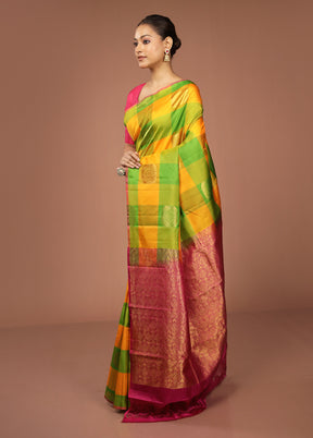 Yellow Handloom Kanjivaram Pure Silk Saree With Blouse Piece