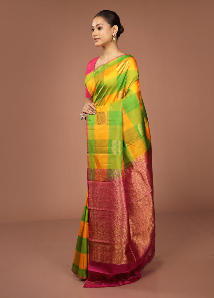 Yellow Handloom Kanjivaram Pure Silk Saree With Blouse Piece