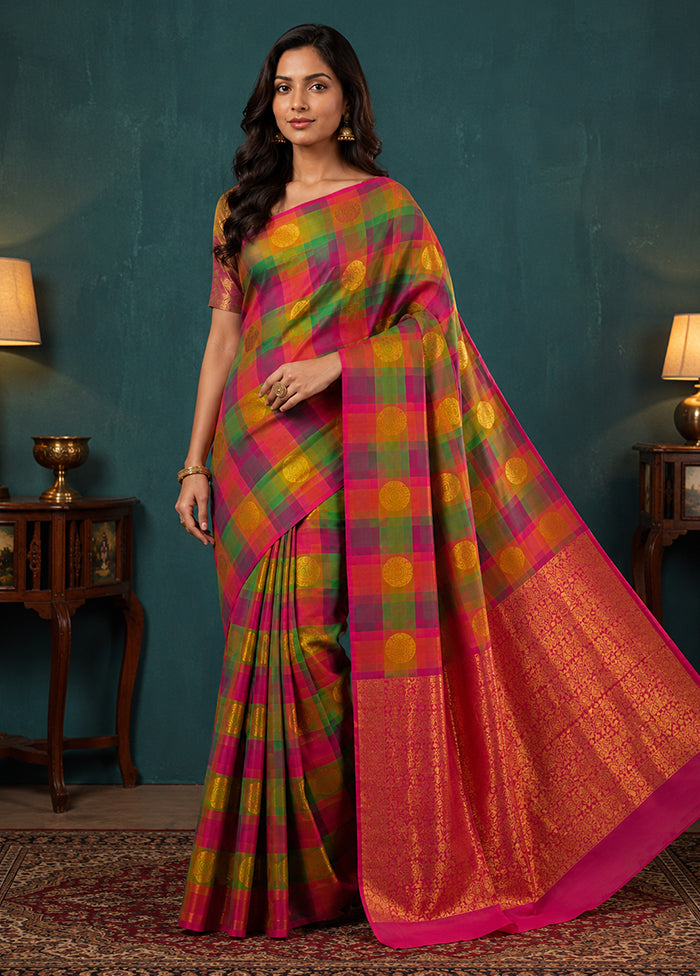 Multicolor Handloom Kanjivaram Pure Silk Saree With Blouse Piece