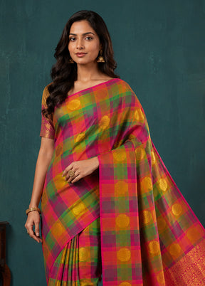 Multicolor Handloom Kanjivaram Pure Silk Saree With Blouse Piece