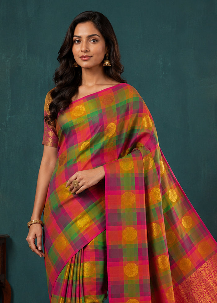 Multicolor Handloom Kanjivaram Pure Silk Saree With Blouse Piece