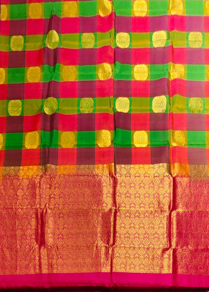 Multicolor Handloom Kanjivaram Pure Silk Saree With Blouse Piece