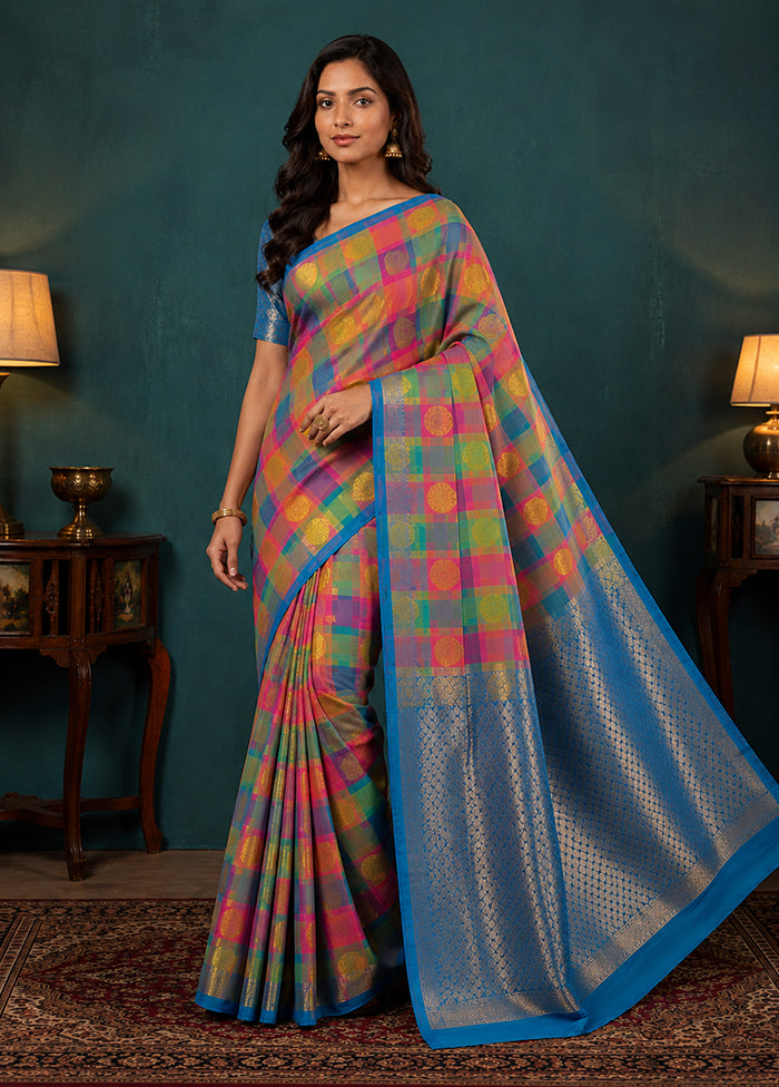 Multicolor Handloom Kanjivaram Pure Silk Saree With Blouse Piece