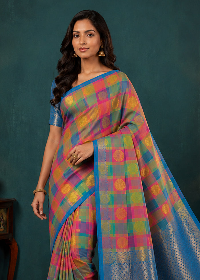 Multicolor Handloom Kanjivaram Pure Silk Saree With Blouse Piece