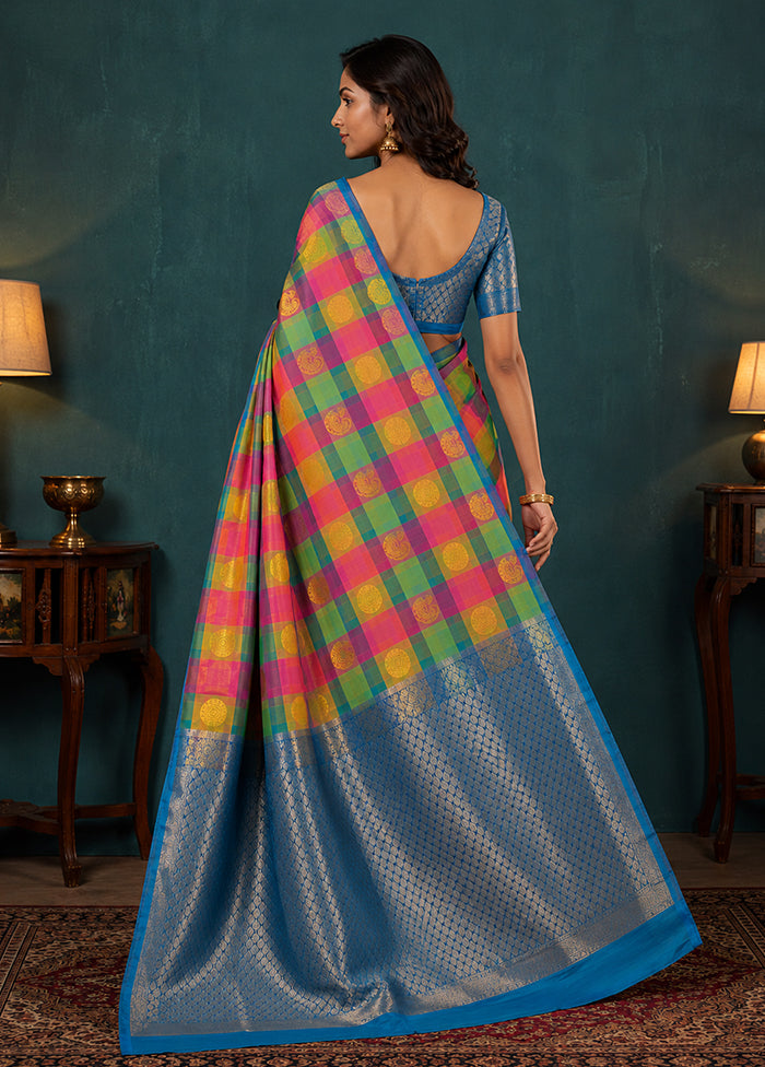 Multicolor Handloom Kanjivaram Pure Silk Saree With Blouse Piece