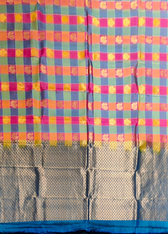 Multicolor Handloom Kanjivaram Pure Silk Saree With Blouse Piece