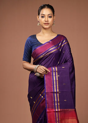 Purple Handloom Kanjivaram Pure Silk Saree With Blouse Piece