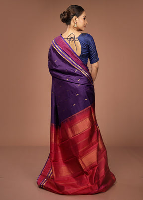Purple Handloom Kanjivaram Pure Silk Saree With Blouse Piece