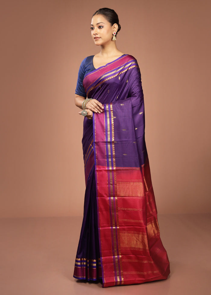 Purple Handloom Kanjivaram Pure Silk Saree With Blouse Piece