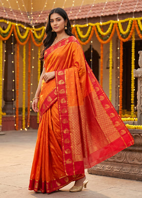 Orange Handloom Kanjivaram Pure Silk Saree With Blouse Piece