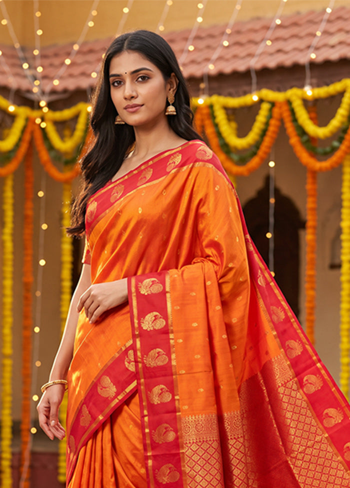 Orange Handloom Kanjivaram Pure Silk Saree With Blouse Piece
