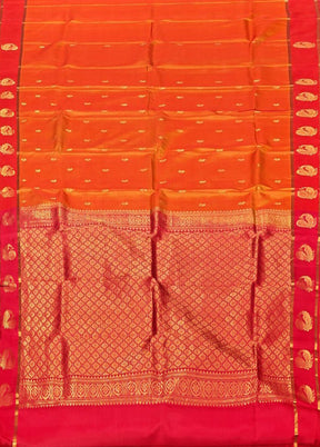 Orange Handloom Kanjivaram Pure Silk Saree With Blouse Piece