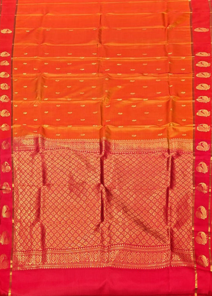 Orange Handloom Kanjivaram Pure Silk Saree With Blouse Piece