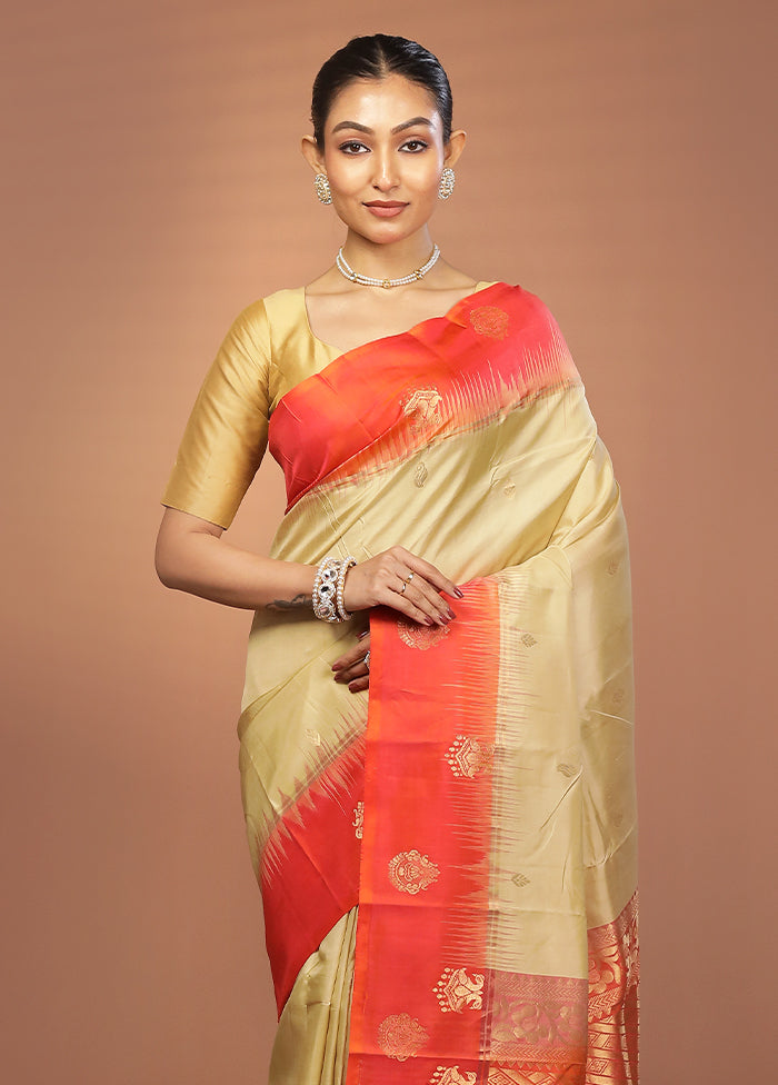 Cream Handloom Kanjivaram Pure Silk Saree With Blouse Piece