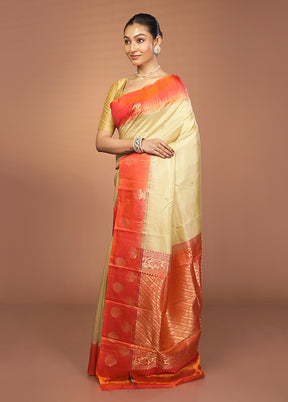 Cream Handloom Kanjivaram Pure Silk Saree With Blouse Piece