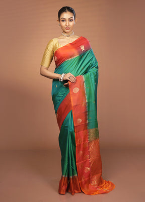 Green Handloom Kanjivaram Pure Silk Saree With Blouse Piece