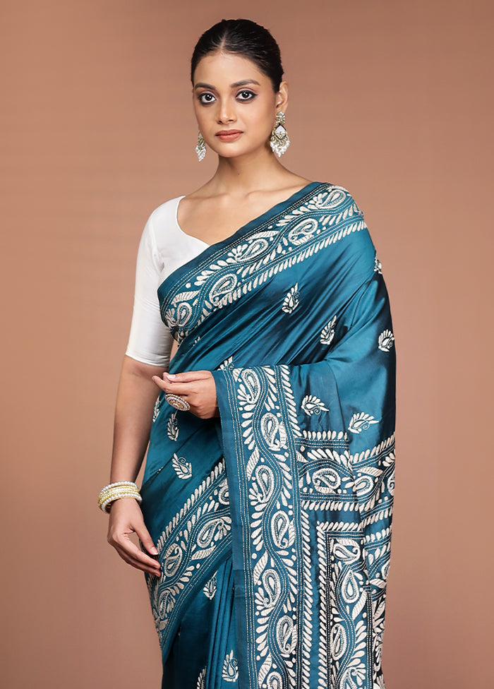 Green Handloom Kantha Stitch Pure Silk Saree With Blouse Piece