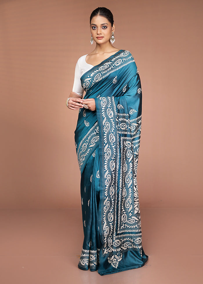 Green Handloom Kantha Stitch Pure Silk Saree With Blouse Piece
