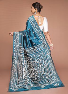 Green Handloom Kantha Stitch Pure Silk Saree With Blouse Piece