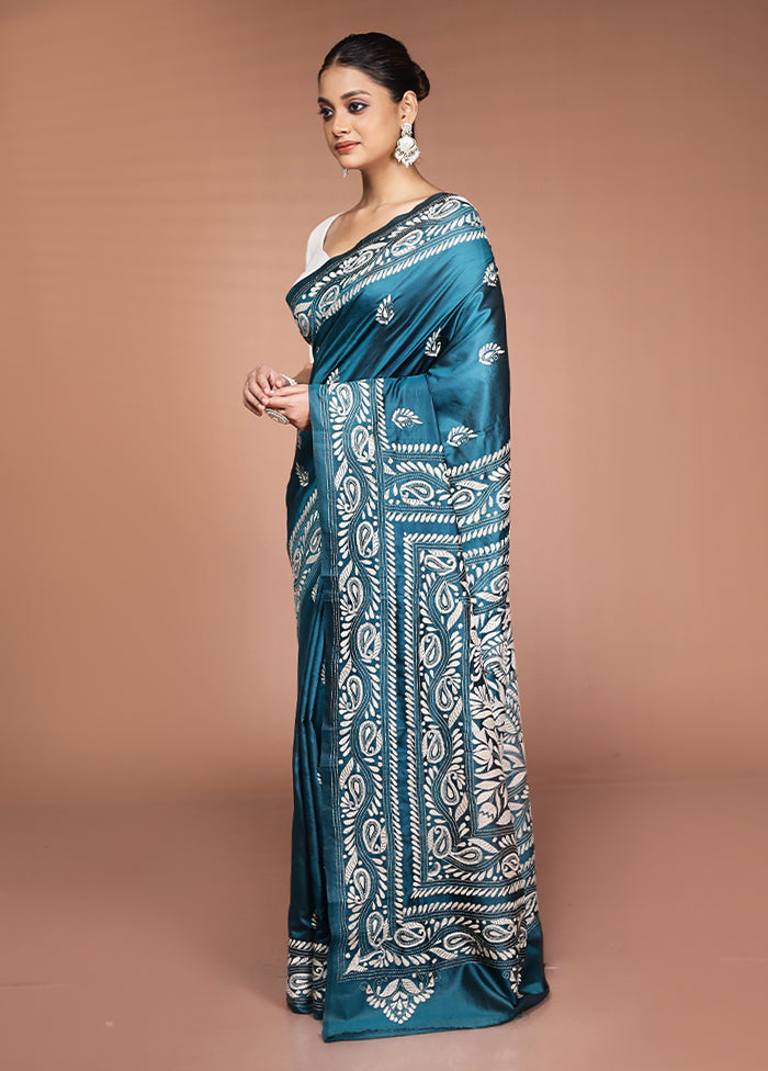 Green Handloom Kantha Stitch Pure Silk Saree With Blouse Piece