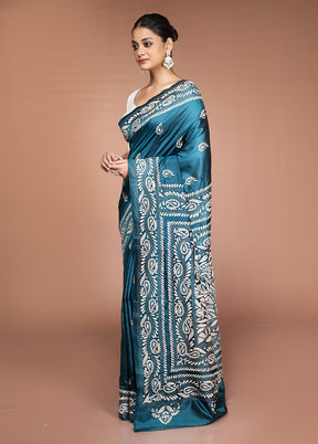 Green Handloom Kantha Stitch Pure Silk Saree With Blouse Piece
