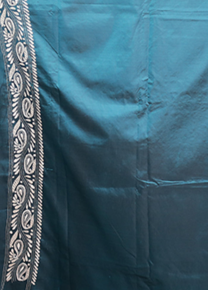 Green Handloom Kantha Stitch Pure Silk Saree With Blouse Piece