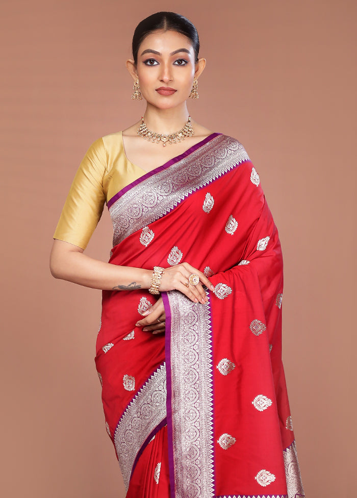 Red Handloom Katan Pure Silk Saree With Blouse Piece