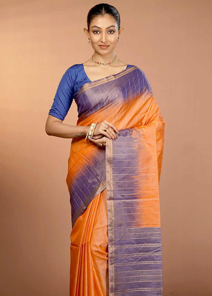 Orange Handloom Kanjivaram Pure Silk Saree With Blouse Piece