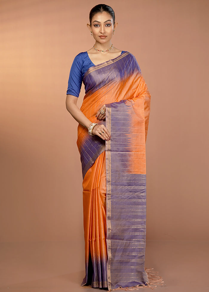 Orange Handloom Kanjivaram Pure Silk Saree With Blouse Piece