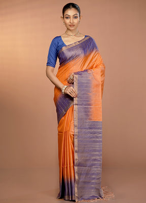 Orange Handloom Kanjivaram Pure Silk Saree With Blouse Piece