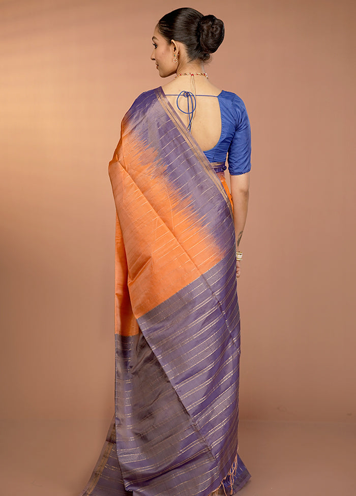 Orange Handloom Kanjivaram Pure Silk Saree With Blouse Piece