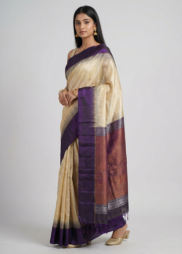 Cream Handloom Kanchipuram Pure Silk Saree With Blouse Piece