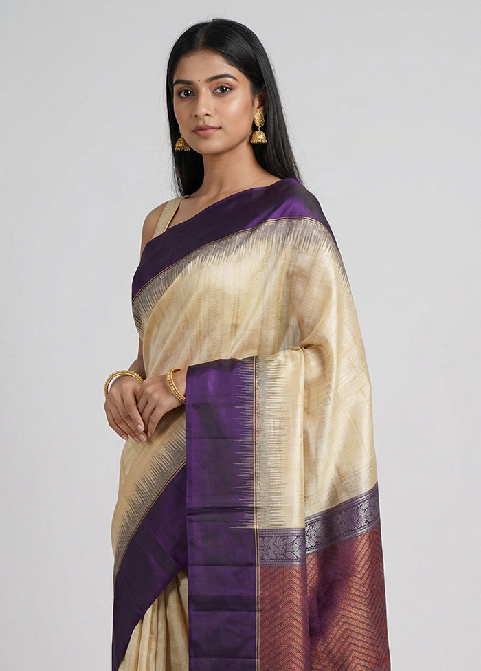 Cream Handloom Kanchipuram Pure Silk Saree With Blouse Piece