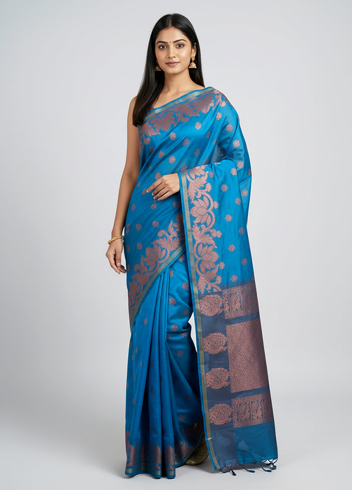 Blue Handloom Kanjivaram Pure Silk Saree With Blouse Piece
