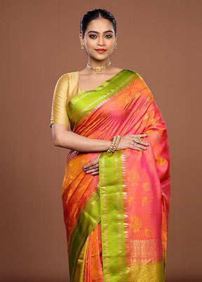 Orange Handloom Kanchipuram Pure Silk Saree With Blouse Piece