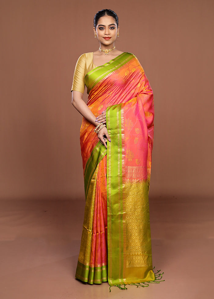 Orange Handloom Kanchipuram Pure Silk Saree With Blouse Piece